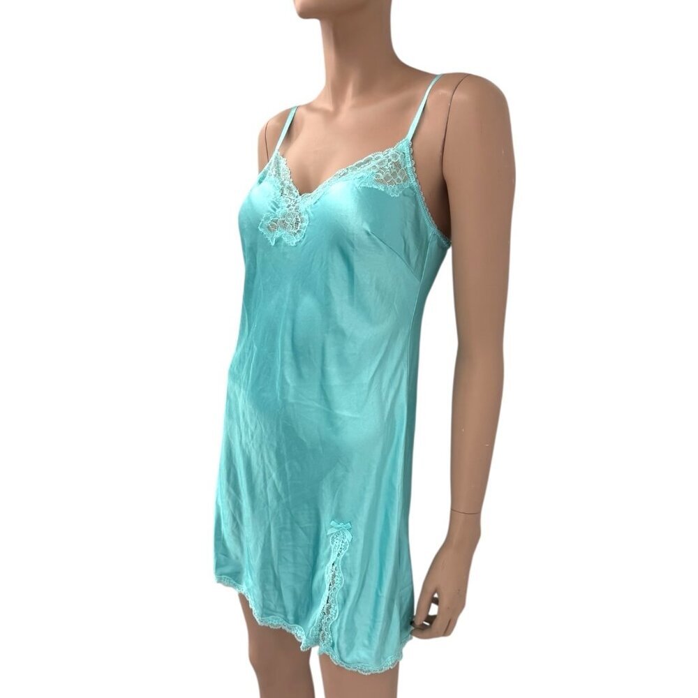 Vintage Y2K Victorias Secret Turquoise Blue Lace Trim Slip Dress Satin Nightgown - Picture 3 of 11